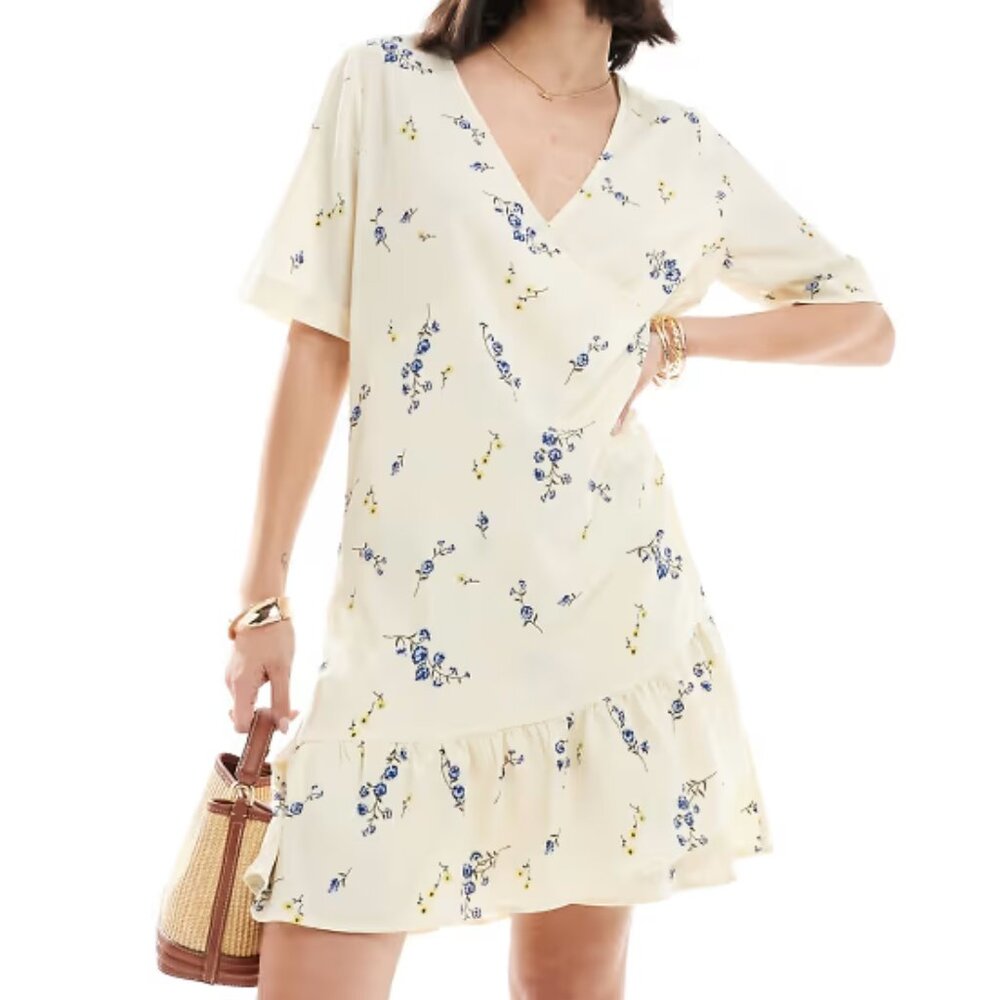 Vera Moda Floral Ruffle Wrap Dress XL Yellow Spring Easter Garden Party